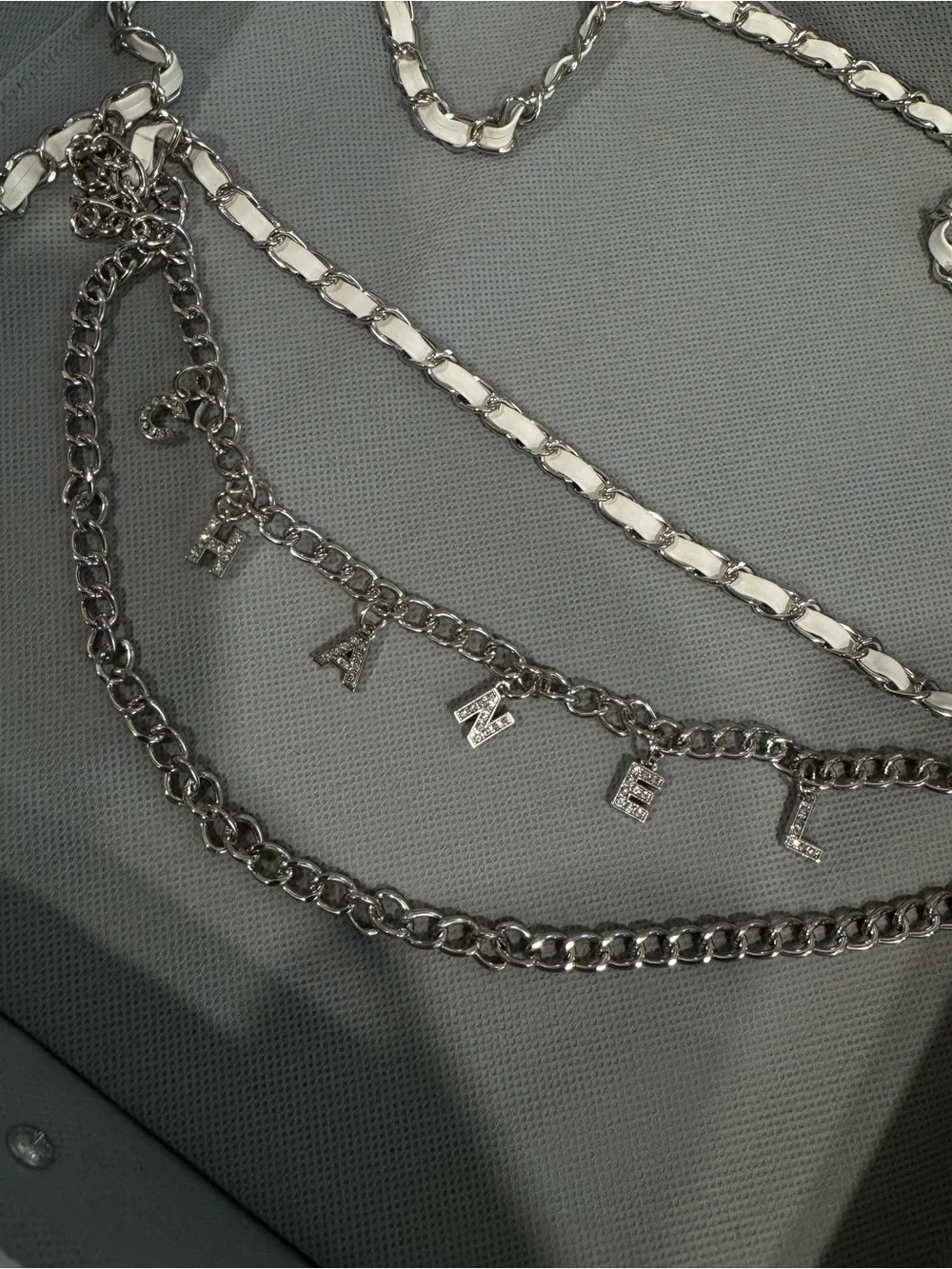 Silver & white double-layer waist chain with diamond charm detailing